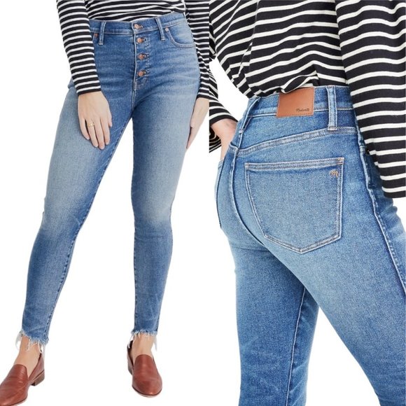 Madewell 10" High-Rise Skinny Jeans Cordova Wash Button-Front Edition Fray Hem - Picture 1 of 12